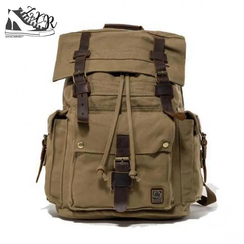 

Men's Military Canvas Backpack Large Capacity Tavel Bag Vintage Canvas Leather Drawstring Back Packs Rucksack School Bag