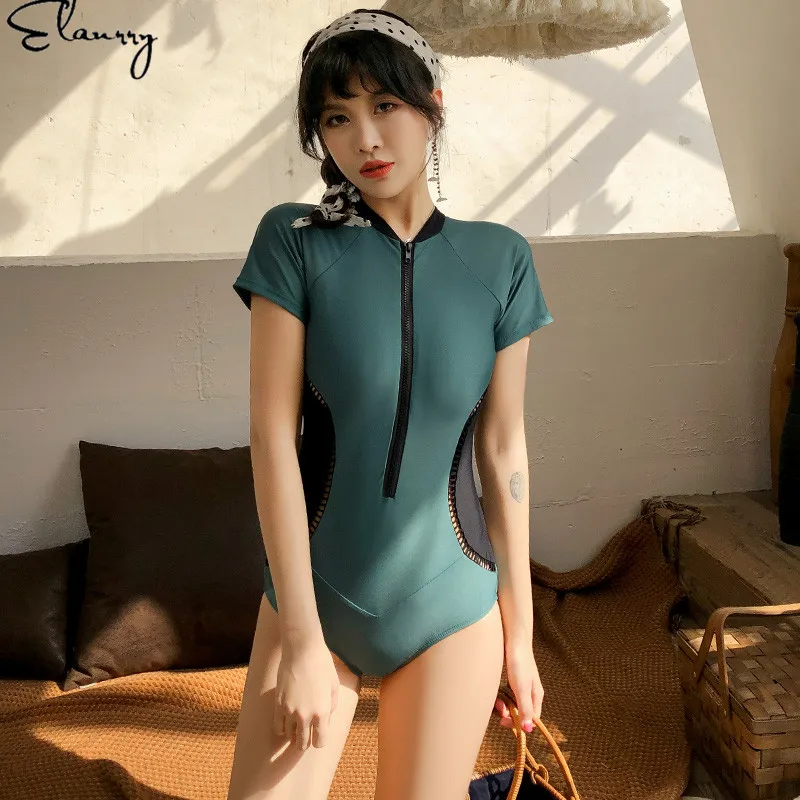 

One Piece Swimsuit Sport Zipper Swimwear Women Short-sleeved Surf Swimsuit New Beachwear 2019 Swimming Suits for Women Padded