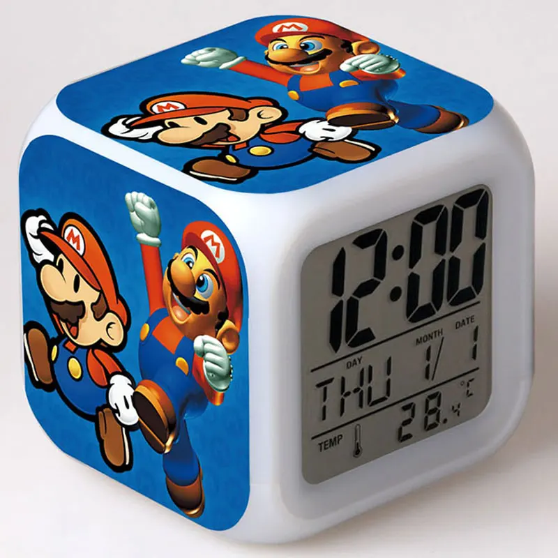 Super Mario Bros Anime Figurines Clock Alarm LED Colorful Luminous Light Thermometer Luigi Mario Yoshi Action Figures Toys