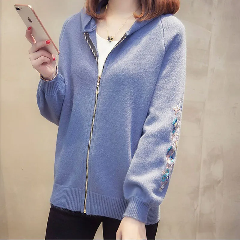 

2019 Spring Cardigans With Zipper Hooded Sweater Women Fall Knitted Long Sleeve Cardigans Ladies Flower Printed