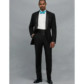 

High Quality One Button Groom Wedding men Suits Tuxedo Black Shawl Lapel Groomsmen smoking Custom Made Mens Suit (Jacket+Pants)