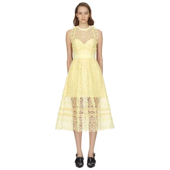 

Summer Women Sexy Halter Backless Yellow Hollow Out Lace Slim Long Dress 2018 High Quality Self Portrait Dresses