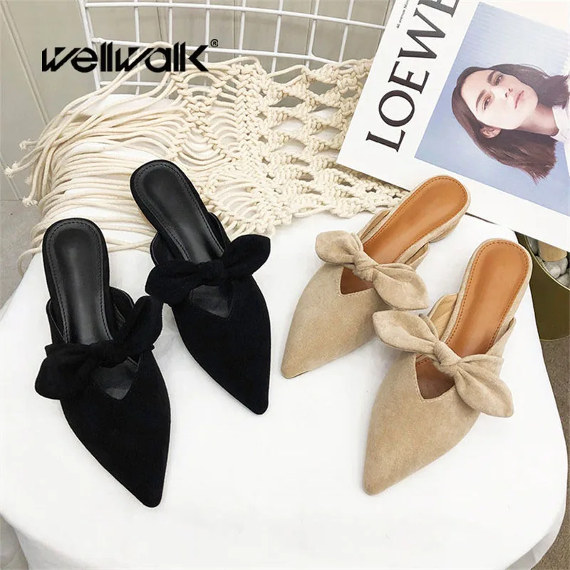 

Wellwalk Wooden Heel Slippers Women Mules Pointed Toe Ladies Slides Luxury Slippers Ladies Mules Mules 2019 Spring