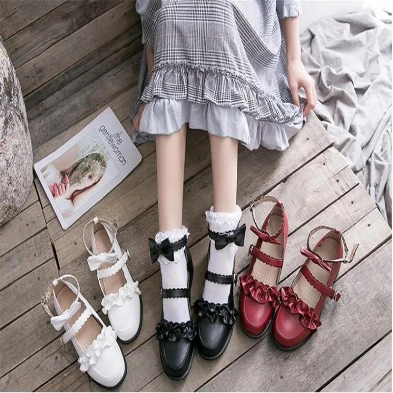 

black white red bowknot LOLITA Shoes JK Uniform Shoes PU Leather lolita Shoes A948