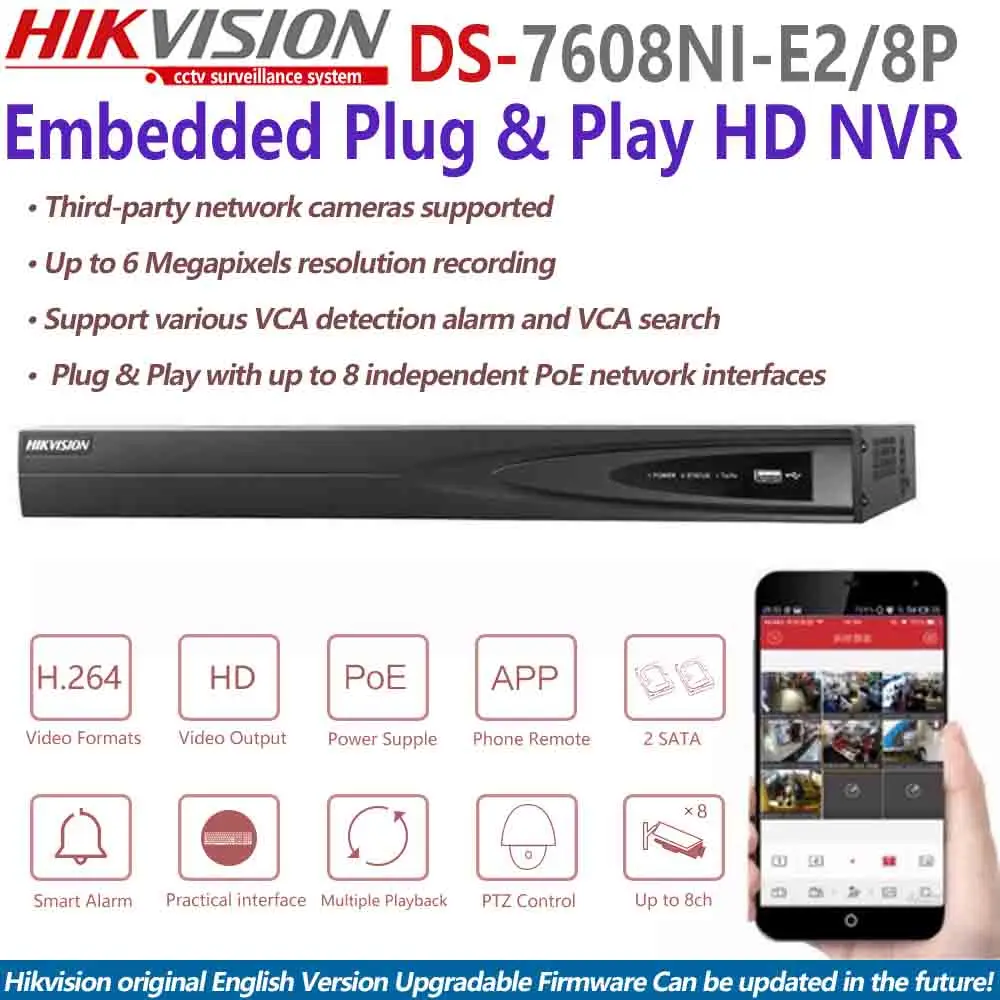 Hikvision ds 7608ni e2/8 P 8ch NVR для HD IP Камера 5 Мп Запись 8 PoE Порты 2 SATA безопасности сети видео