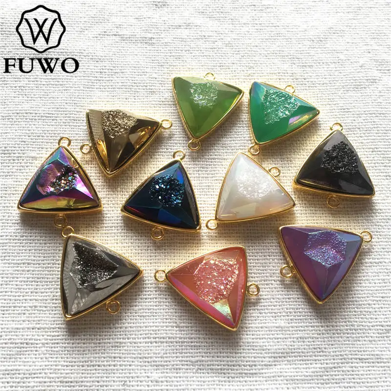 FUWO Wholesale 5Pcs Natural Druzy Titanium Connector Pendant,Golden Plated Bezel Faceted Rainbow Quartz For Jewelry Making PD242 5