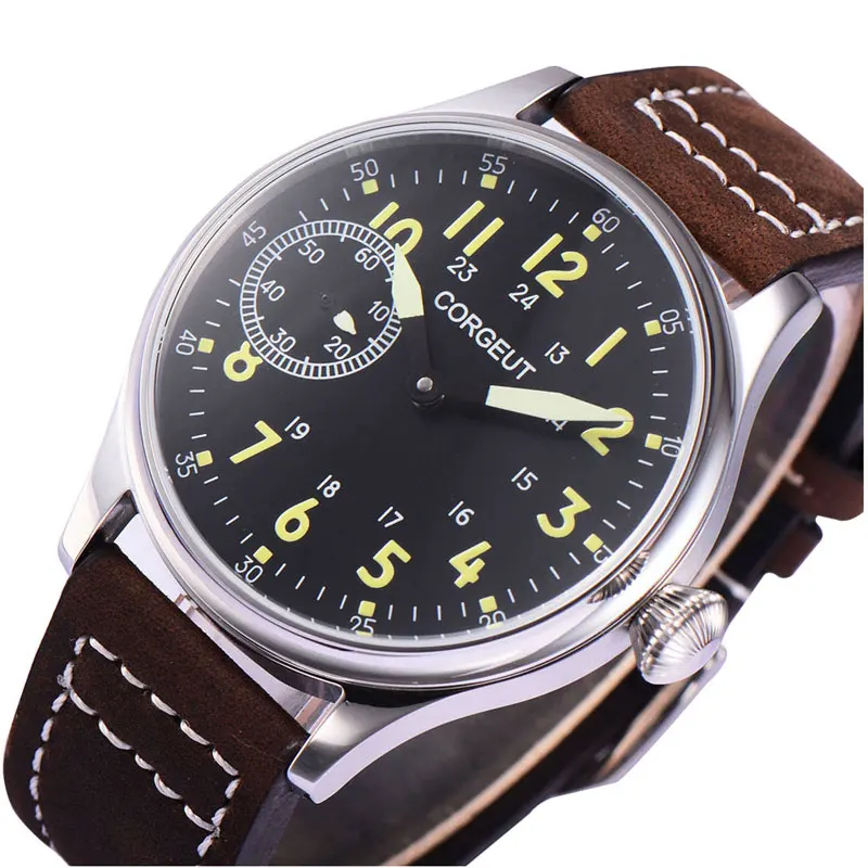 44mm Mechanical Hand winding 6497 Men's Wrist Watch Leather strap