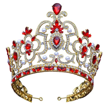 

Vintage Baroque Red Crystal Gold Bridal Tiaras Rhinestone Diadem Pageant Crown for Bride Headband Wedding Hair Accessories BH
