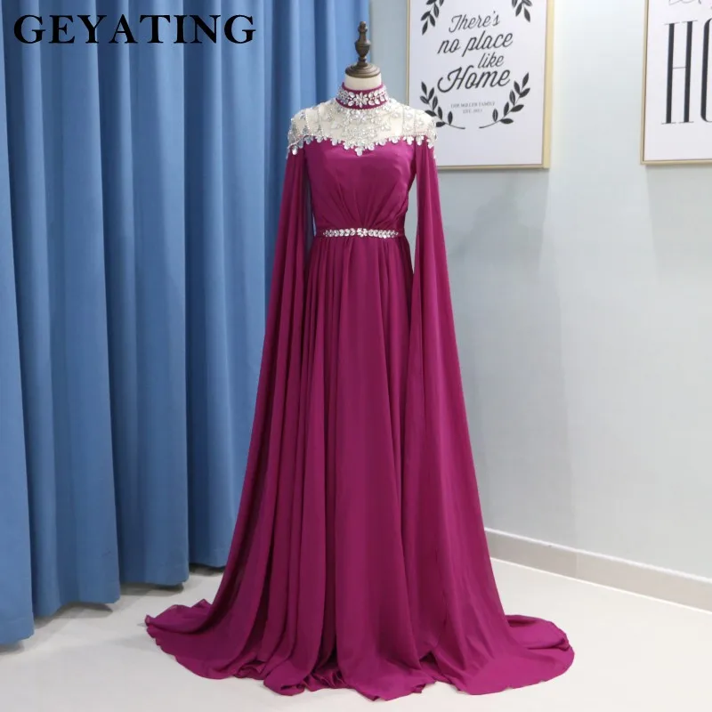 Elegant High Neck Muslim Fuchsia Evening Dress Long Sleeves Crystal Arabic Kaftan Dubai Prom Dresses 2019 Long Black Formal Gown Elegant High Neck Muslim Fuchsia Evening Dress Long Sleeves Crystal Arabic Kaftan Dubai Prom Dresses 2019 Long Black Formal Gown