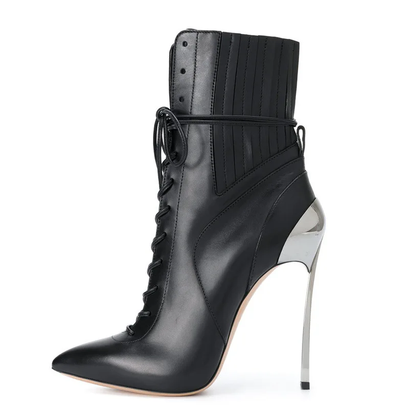 

New Brand Women's Shoes High Heels Ankle Booties Black Side Zippers Motorcycle Boots Metal Thin Heels Short Boots Pumps Botas