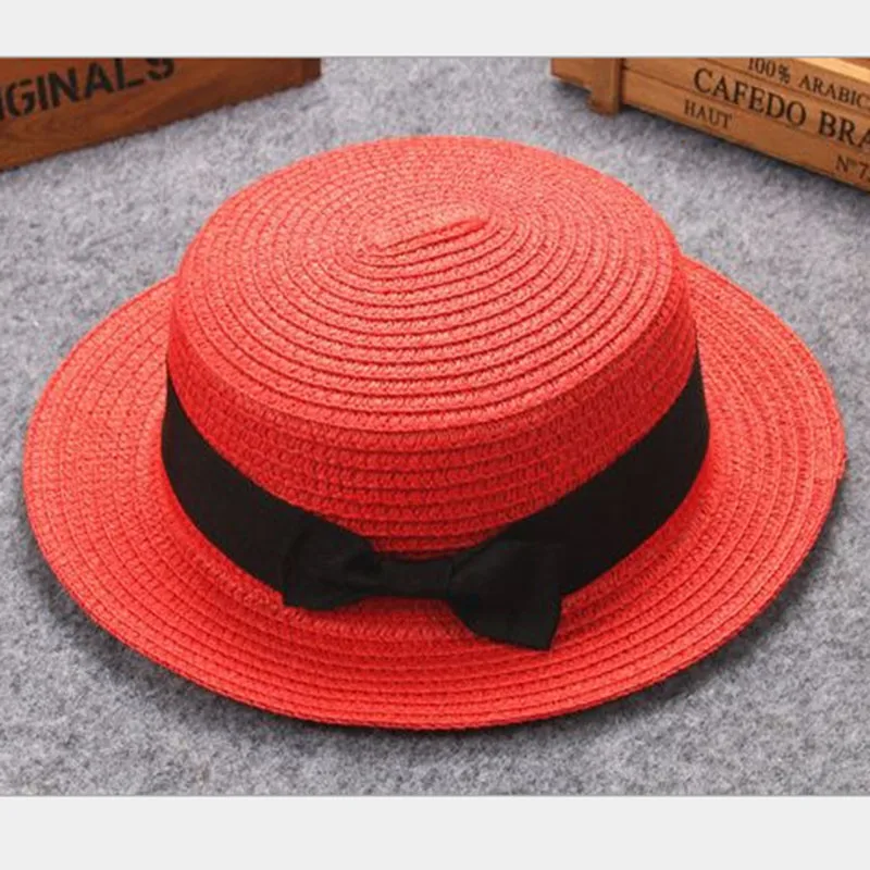 Детская летняя шляпа в британском ретро-стиле с бантом для девочек и мальчиков, соломенная шляпа с плоской крышей, Пляжная Солнцезащитная шляпа 2mz53
