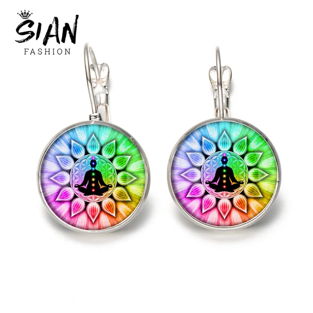 

SIAN Buddha Rainbow 7 Chakra Hook Earring Lotus Mandala Flower of Life Glass Round Gem Silver Bronze Color Spirit Yoga Earrings