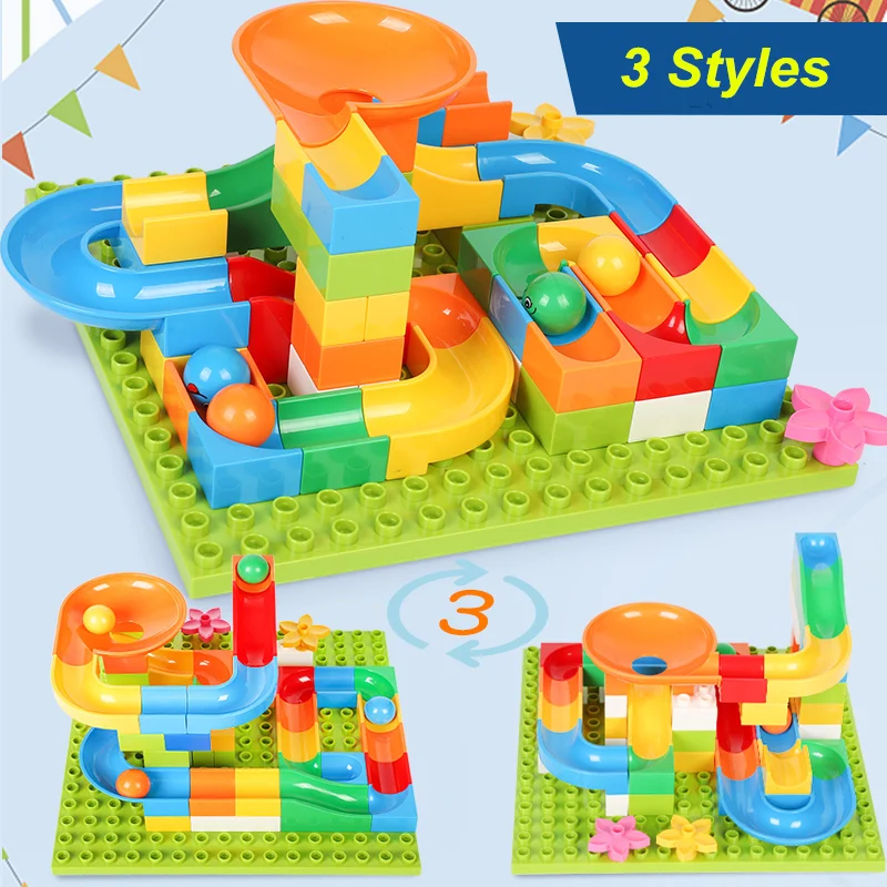 68-84pcs Construction Marble Race Run Maze Balls Track Building Blocks Big Size Educational Brick Compatible With Legoed Duploe