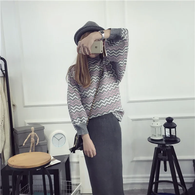 2016  new  winter sweater o-neck striped puff sleeve  pullovers casual cotton full women sweater