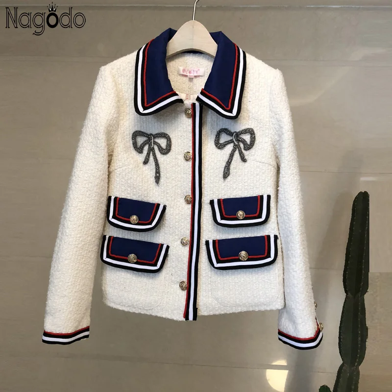 Beste Nagodo Luxe Tweed Jas Vrouwen 2018 Herfst Winter Kantoor Dame Korte Wollen Jas Dikke Kralen Boog Elegante Slanke vrouwelijke jas tops