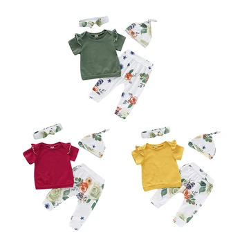 

Summer Baby Girl Clothes Set Casual Short Sleeve T-shirt Tops Floral Trousers With Headband Hat Outfits Set