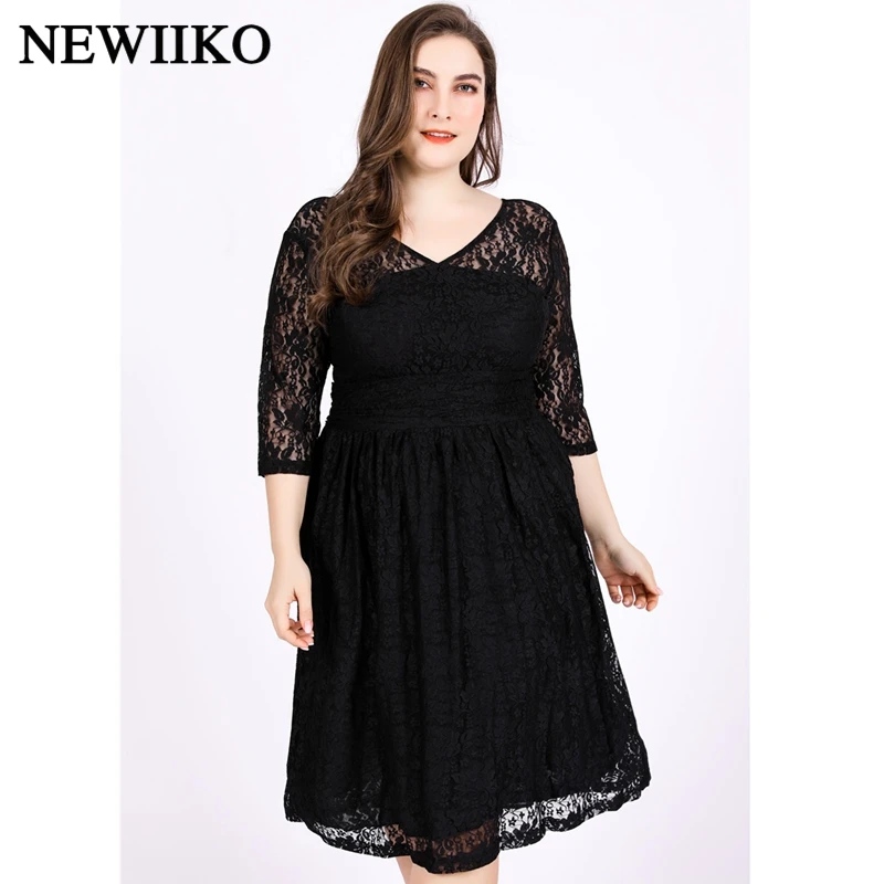 

Fashion spring summer women black colour V-Neck sexy lace three-quarter sleeve Vacation Party evening Dinner plus size dress 6XL