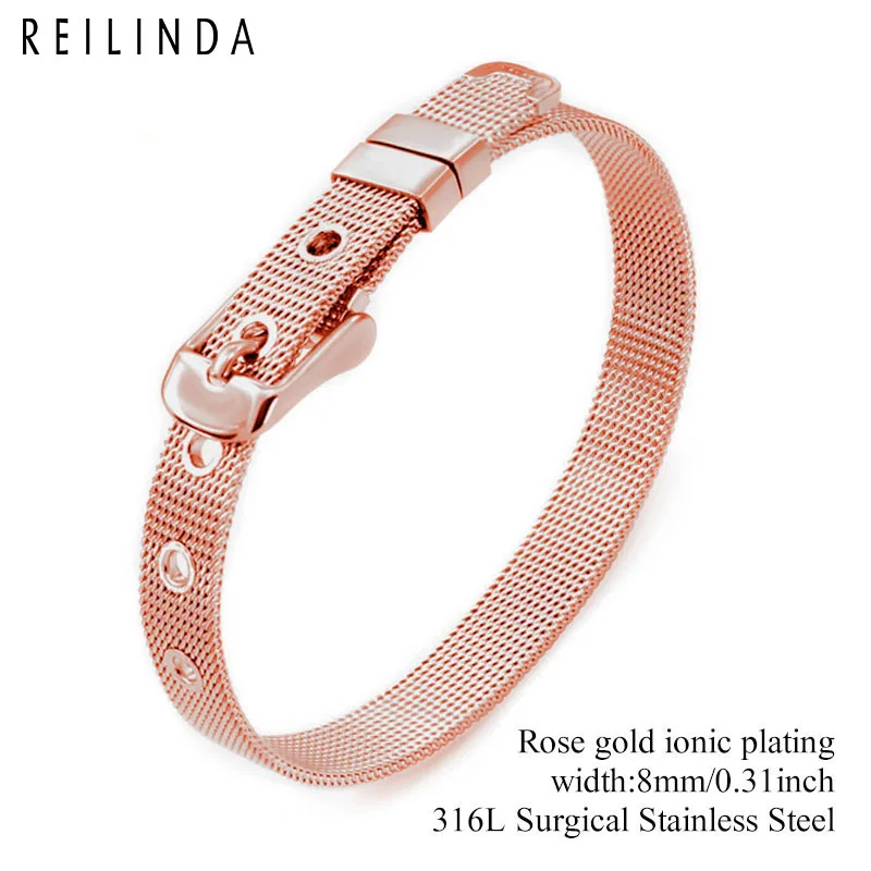 8mm/10mm/18mm Stainless Steel Mesh Wristband Bracelet DIY Slide Charms Bracelets For Women Men Gift - Окраска металла: 8mm Rose Gold