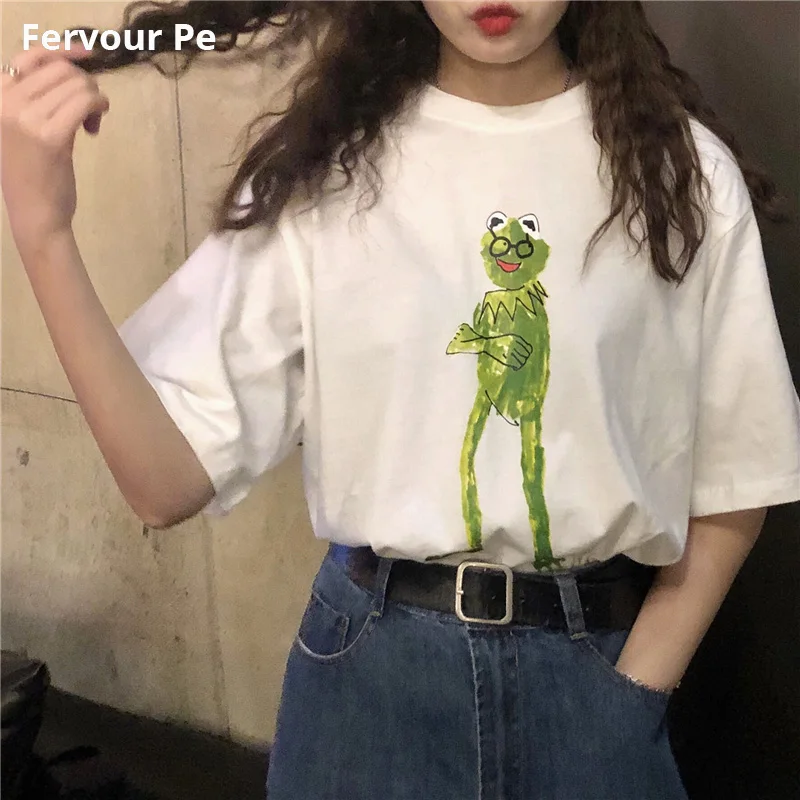 

Women's T-shirt New pattern Cartoon Frog Graffiti Maker Short sleeve Slim Loose Style Tee Pure cotton Shirt Female 919