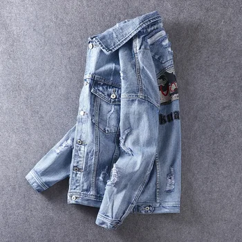 

Fashion Streetwear Men Jacket Destroyed Camouflage Spliced Designer Ripped Denim Jacket Men Coat Blue Embroidery Hip Hop Jackets