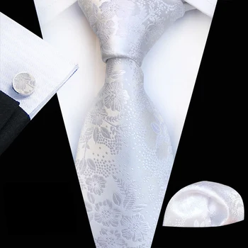 

3 Pcs/Set 8cm Unique Male Formal Ties Cravat Set Pure White Floral Necktie with Hanky Cufflink