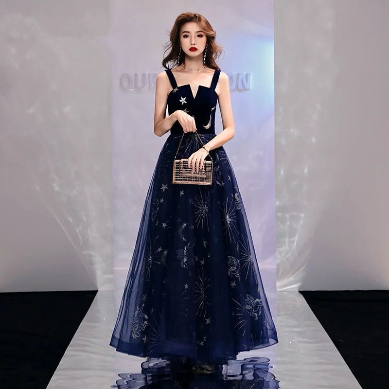 

Sleeveless Evening Dress Shining Stars Moon Pattern Long Formal Prom Dresses A-line Spaghetti Strap Navy Blue Party Gowns E097