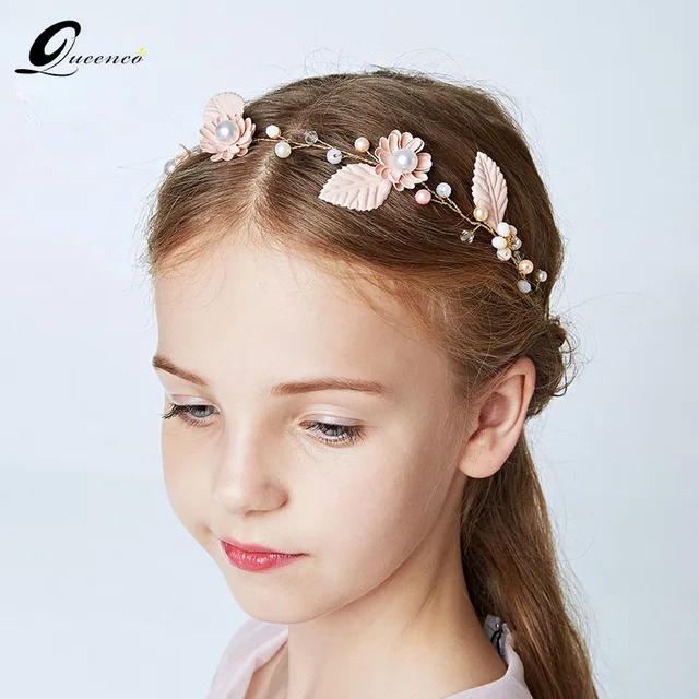 QUEENCO Pink Floral Headband For Children Bridesmaid Hair Accessories