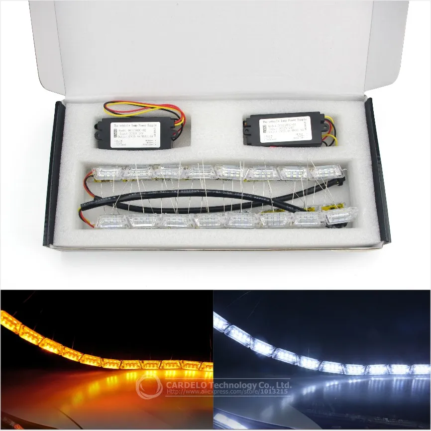 2x Car Flexible White/Amber Switchback LED Knight Rider Strip Light for Headlight Sequential Flasher Dual Color DRL Turn Signal