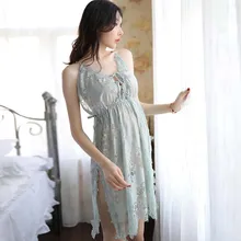 Женская модная сексуальная ночная рубашка боковое нижнее белье с разрезом ночная рубашка с открытой спиной кружевное Ночное платье с v-образным вырезом