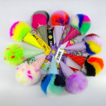

Colorful Ice Cream Keychain Fur Pompom Plush 9cm Ball Key Chains Decorative Pendant Women Bag Car Key Accessories Kid Gift Toys
