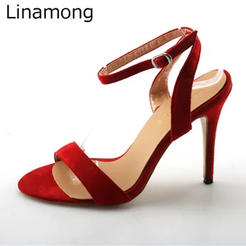 

Summer Ladies Simple Bright Red Faux Suede Strappy Sandals Stiletto High Heels Sexy Ankle Strap Women Street Outfit Sandalias