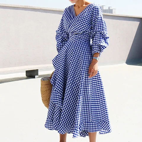 

Chic V-neck Pleated Lantern Sleeves Checked Dress with Corset Retro Irregular Plaids Long Ruffles Dress OL Pleated Vestidos 2019
