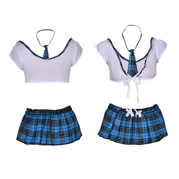 

Sexy Deep V Neck Temptation Plaid Night Super Mini Pleated Skirt + Top Lady Schoolgirl Cosplay Sleepwear
