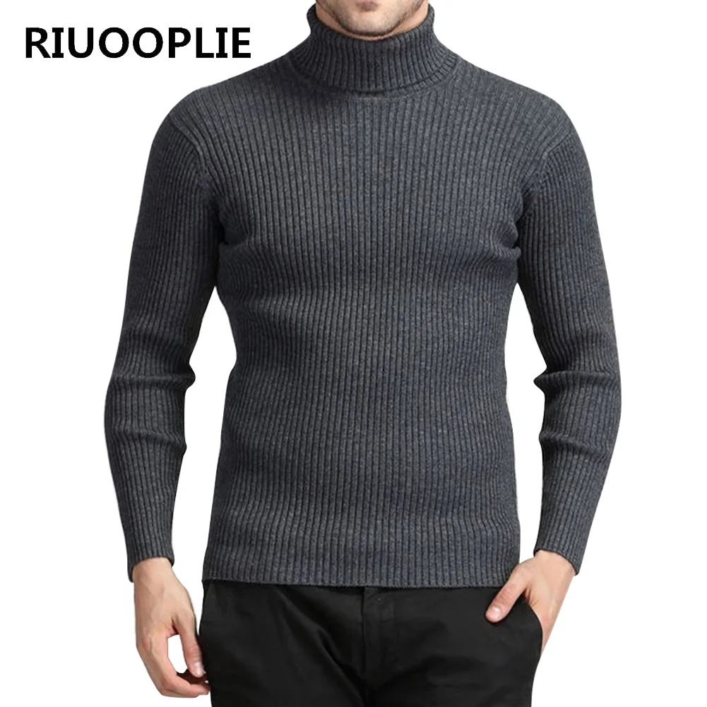 RIUOOPLIE Autumn Winter Mens Slim Fit High Neck Woolen Sweater Fashion Solid Color 4
