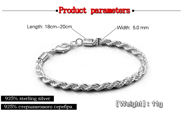 Модный мужской браслет из стерлингового серебра 925 пробы, цельный Серебряный тканый браслет для мальчиков 4 мм 20 см, цепочка в стиле хип-хоп, ювелирные изделия, аксессуары