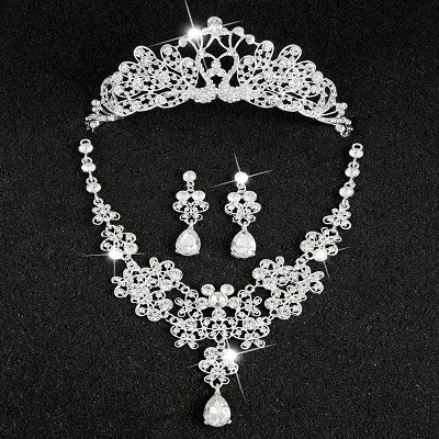 Hot Sale Sliver Plated Rhinestone Crystal Necklace+Earrings+Tiara 3pcs Jewelry Set For Bride Bridal Wedding Accessories (13)