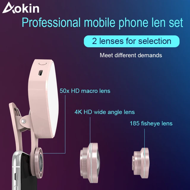 Aokin Selfie Ring Light with HD 3 in 1 Fisheye Wide Angle Macro Lens Flash Led Camera Phone Photography for iPhone Samsung Lens