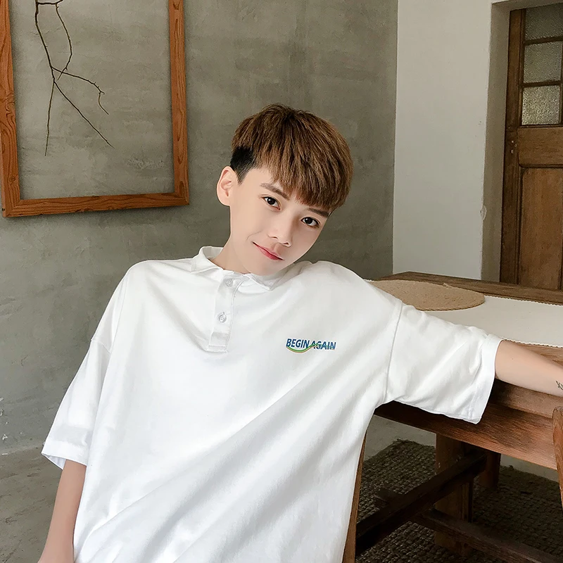 

Men's POLO shirt 2019 new summer slimming solid color printing short-sleeve cotton loose casual personality young men's wear