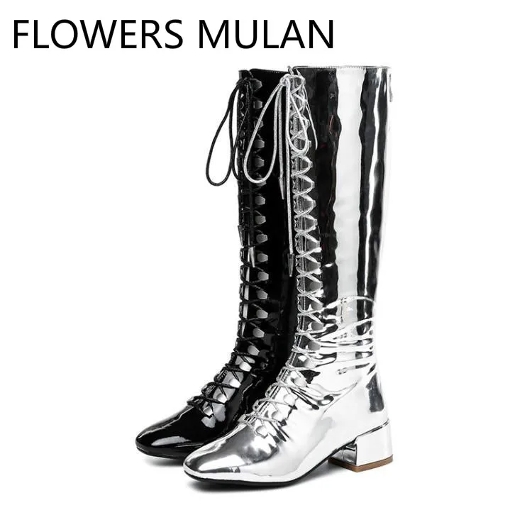 

New Shiny Silver Black Patent Leather Winter Boots Women Chic Square Toe Chunky Heel Front Cross Tied Back Zipper Shoes Woman