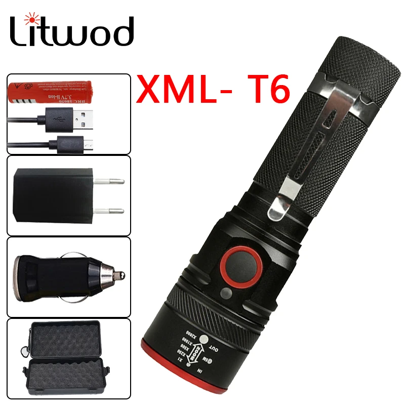 Litwod Z201511 XML-T6 USB Перезаряжаемый Фонарик светодиодный фонарик масштабируемый 4 режима фонарь для 18650 с usb-кабелем для кемпинга