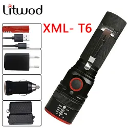 Litwod Z201511 XML-T6 USB фонарик с мигалкой аккумуляторный фонарик Масштабируемые 4 режима факел для 18650 с кабель кемпинг