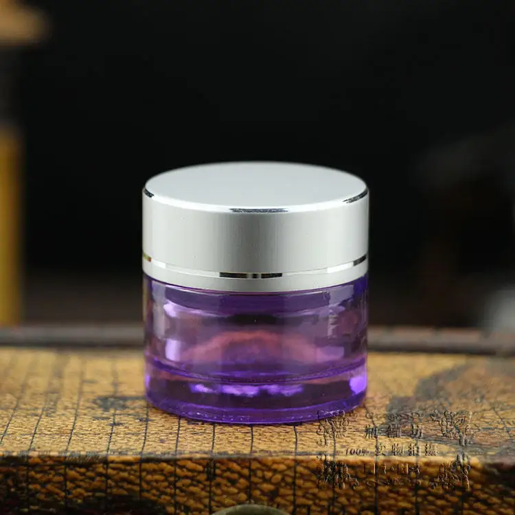 50pcs wholdesale 10g light purple glass cream jar with silver lid, mini luxury purple glass 10 g