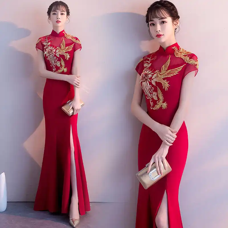 Vestido De Novia De Sirena Rojo Elegante Vestido De Noche Tradicional Cheongsam Vestido Sexy Largo Qipao Bordado Dama De Honor Vestidos De Vino Aliexpress