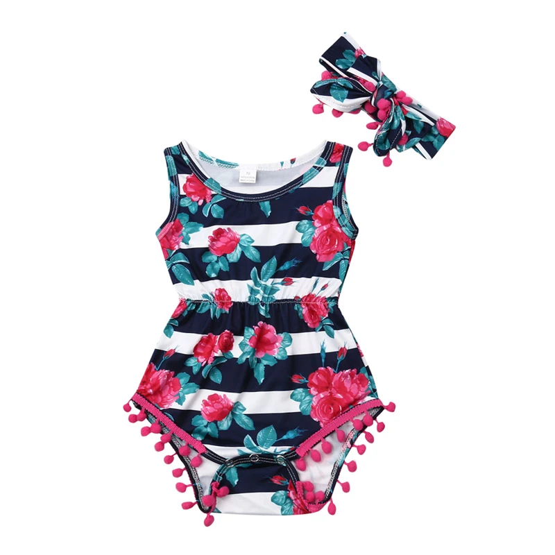 

Summer Newborn Baby Bodysuits Striped Lace Bodysuit Sleeveless Girls Jumpsuit Girl Outfits Sunsuit Headband Baby Girl Clothes