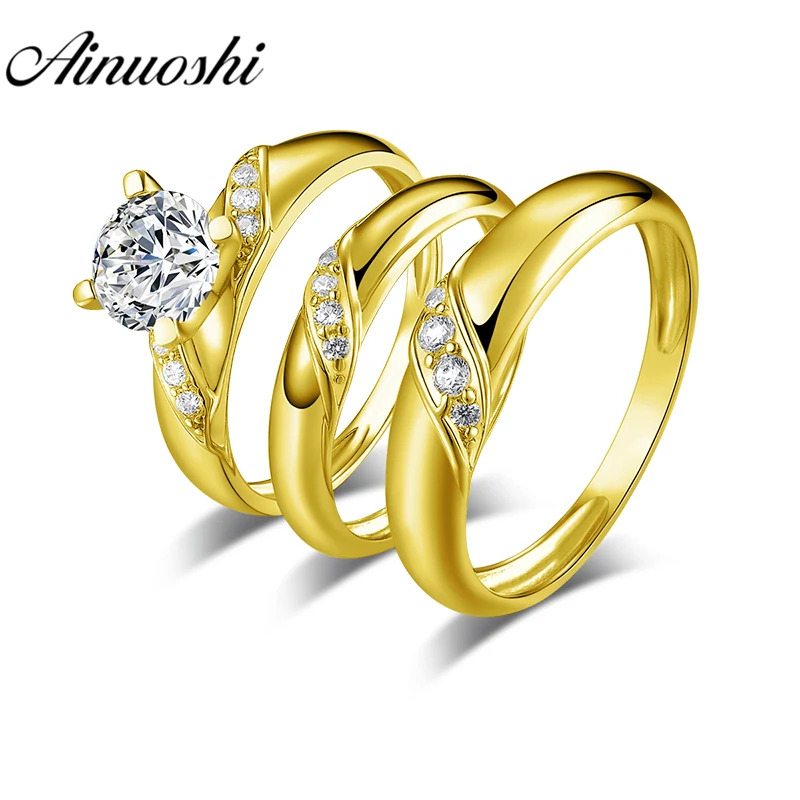 

AINUOSHI Real Gold TRIO Rings 14K Yellow Gold Couple Wedding Ring Set Twisted Male Band Lover Engagement Wedding Rings Jewelry
