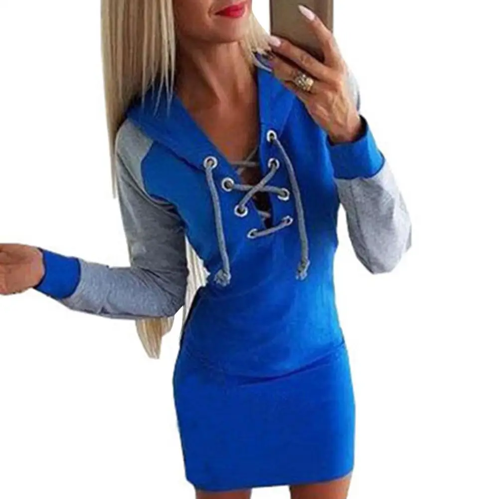 

Sports Women V Neck Lace Up Color Block Hooded Long Sleeve Bodycon Mini Dress