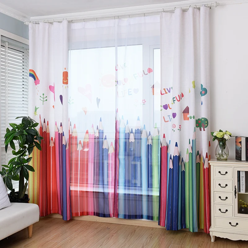 

Customzied Full Light Shading Cartoon Curtain for Kid's Bedroom Korean Eco-Friendly Colorful Tulle Curtain for Living Room 1PC