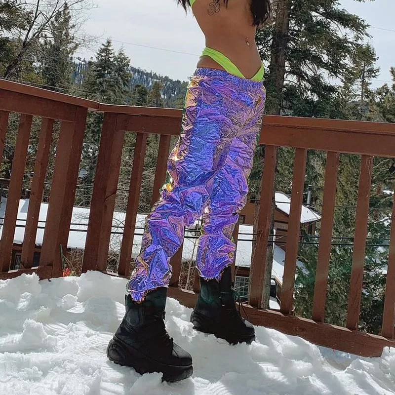 

2019 Women Casual Streetwear High Waist Pants Blue Purple Reflective Loose Pants Elastic Waist Wide Leg Trousers