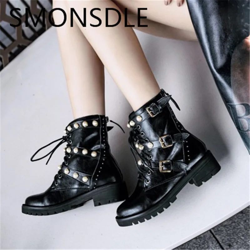 

SMONSDLE New Genuine Leather Women Ankle Boots Round Toe Pearls Rome Gladiator Lace Up Women Autumn Winter Boots Shoes Woman