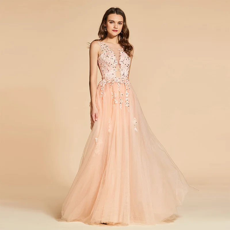 

Tanpell backless evening dress pink lace sleeveless floor length a line gown women appliques beading long custom evening dresses
